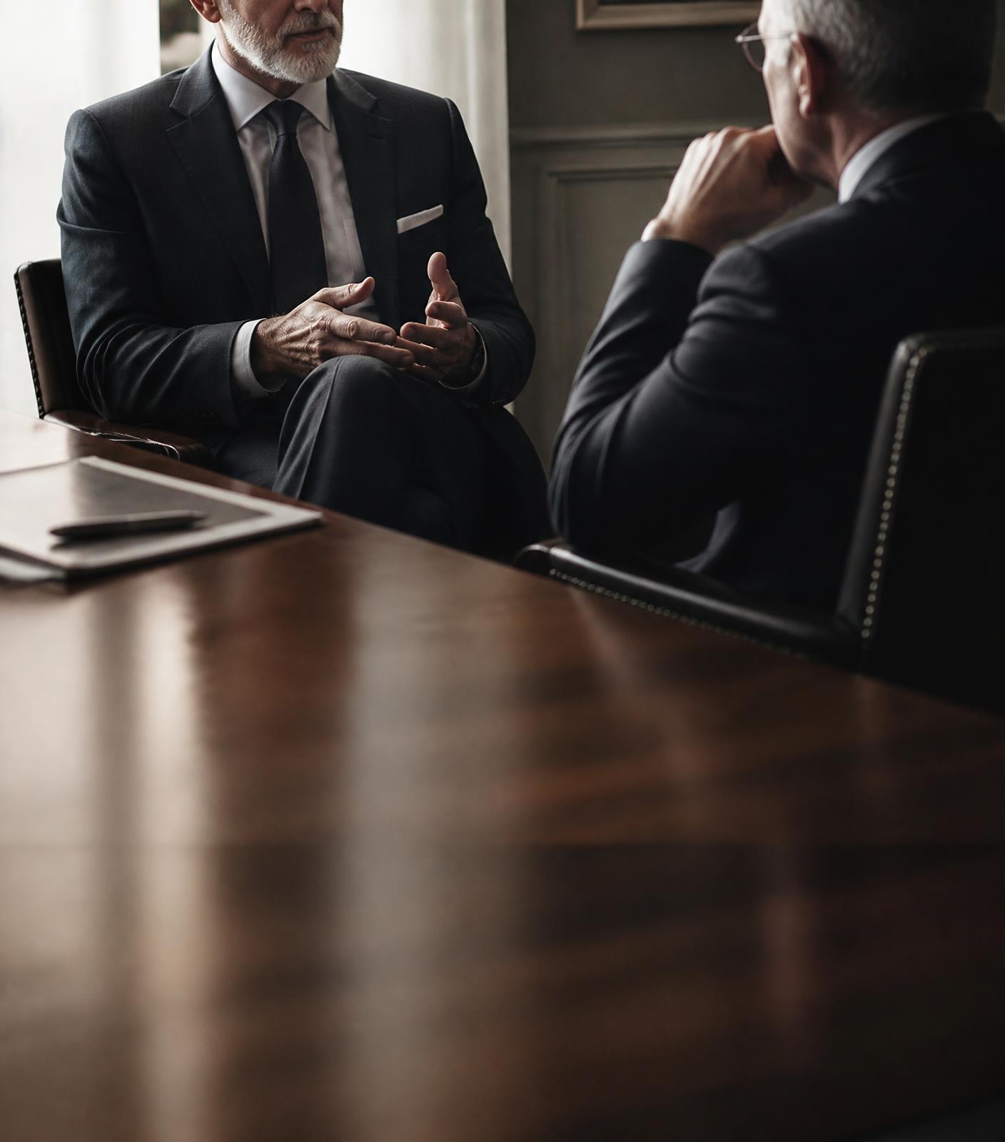 Two senior advisors in tailored suits in conversation across a boardroom table