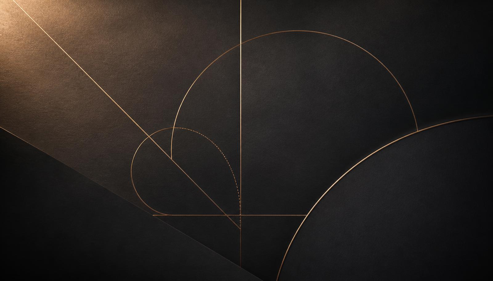 Fine bronze geometric lines drawn across a deep charcoal surface